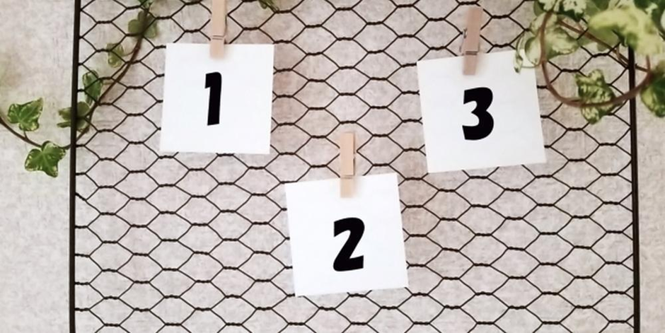 ワイヤーネットに吊るされた「1」「2」「3」の数字カードとグリーンの装飾がある手順イメージ