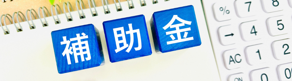 補助金と書かれた青いキューブがノートと電卓の上に並べられている様子