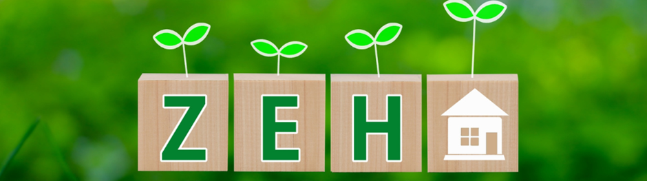 ZEH(ゼッチ)と書かれた木のブロックに若葉が芽生えているイメージ